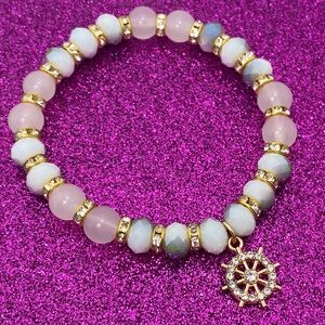 Pale Bead Bracelet Rhinestones & Nautical Wheel